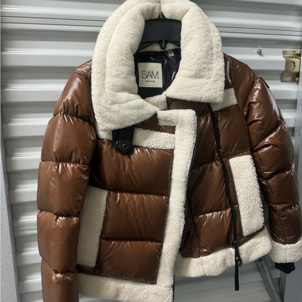 SAM. Women's Puffer Jacket in Brown with Cream Details